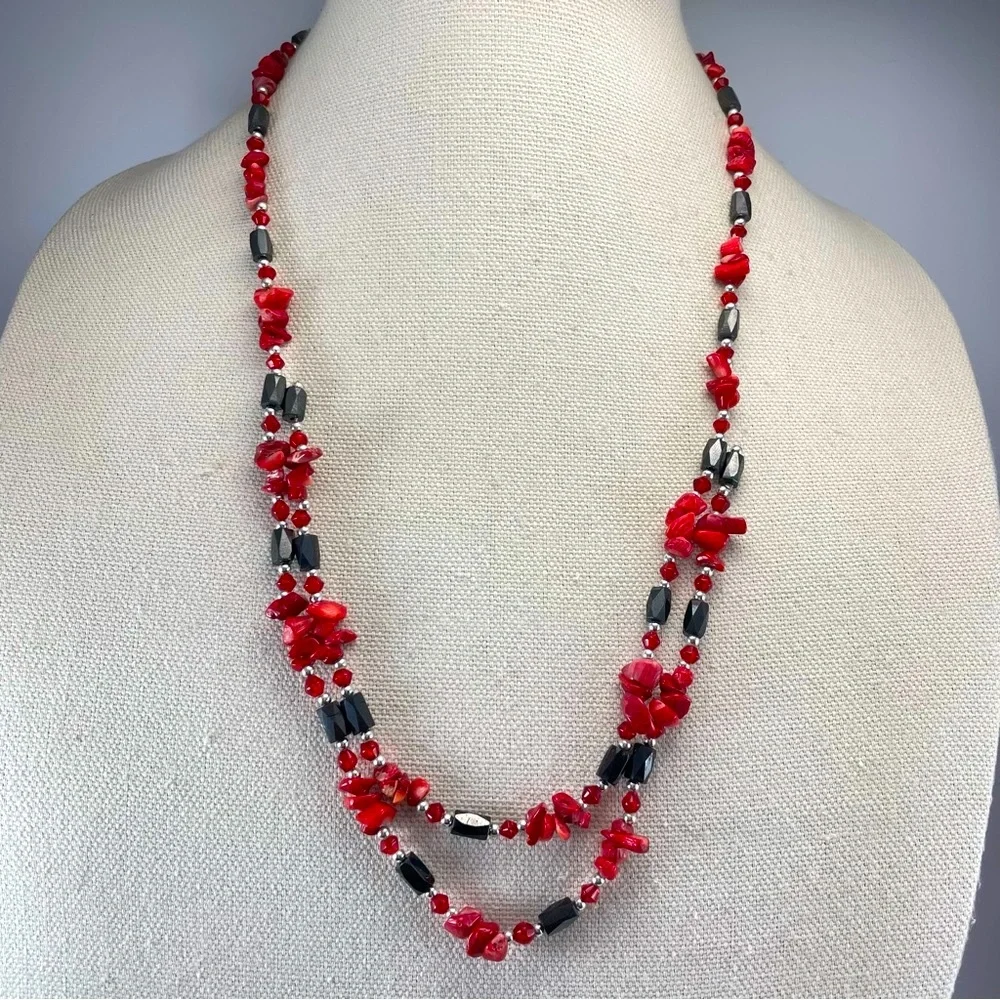 Stunning Magnetic Hematite Red Coral Chip Beaded Statement Necklace